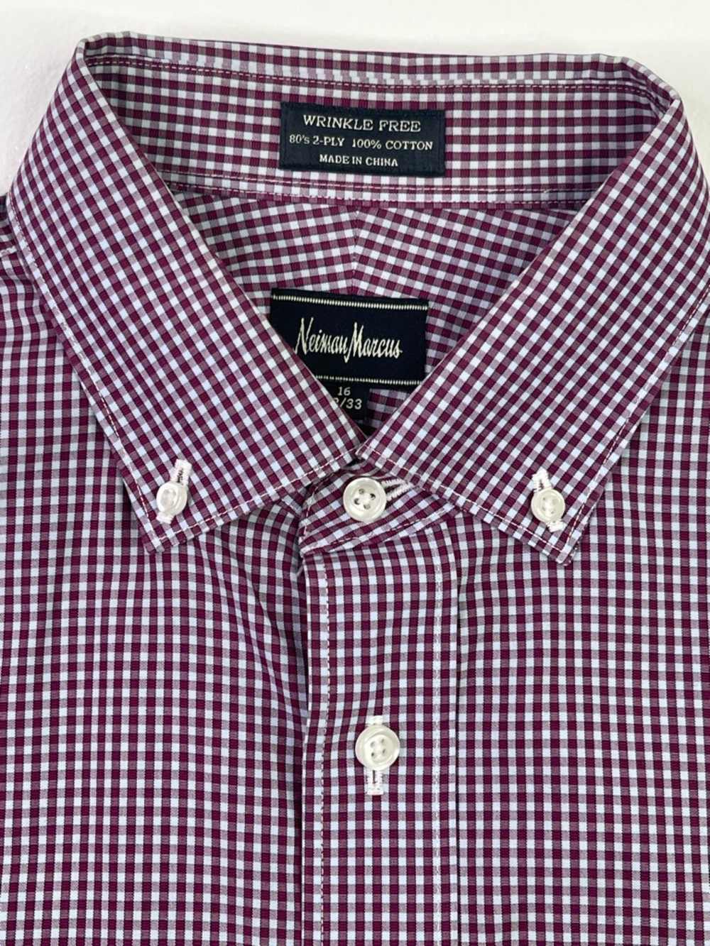 Neiman Marcus Wrinkle Free Burgundy Gingham Check Dress Shirt 16 32/33